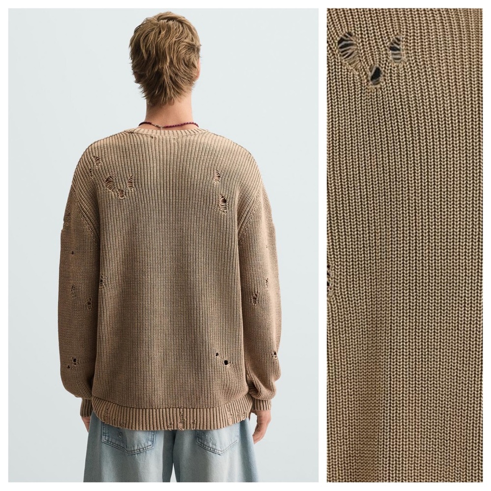 NWOT. Zara Man Camel Ripped Acid Wash Knit Sweater. Size M. - Picture 4 of 10